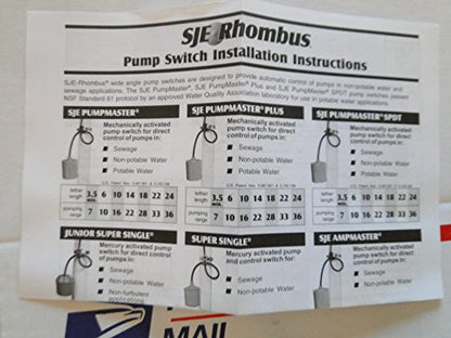 Float Switch PUMPMASTER Pump Switch SJE-RHOMBUS Pump Up 20PMU1WP 20FT 120 V w/Plug