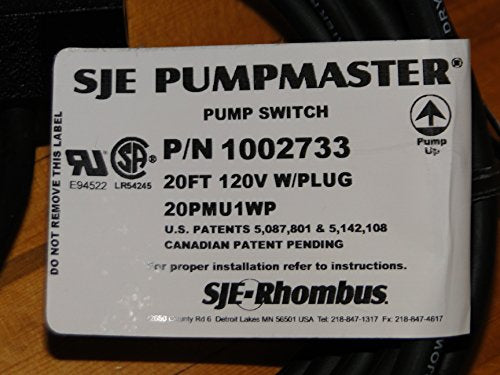 Float Switch PUMPMASTER Pump Switch SJE-RHOMBUS Pump Up 20PMU1WP 20FT 120 V w/Plug