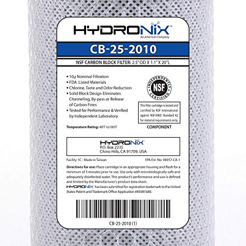 Hydronix HX-CB-25-2010/3 Universal NSF Coconut Activated Carbon Block Water Filter, 2.5" x 20"-10 Micron-3 Pack, White