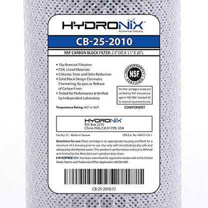 Hydronix HX-CB-25-2010/3 Universal NSF Coconut Activated Carbon Block Water Filter, 2.5" x 20"-10 Micron-3 Pack, White