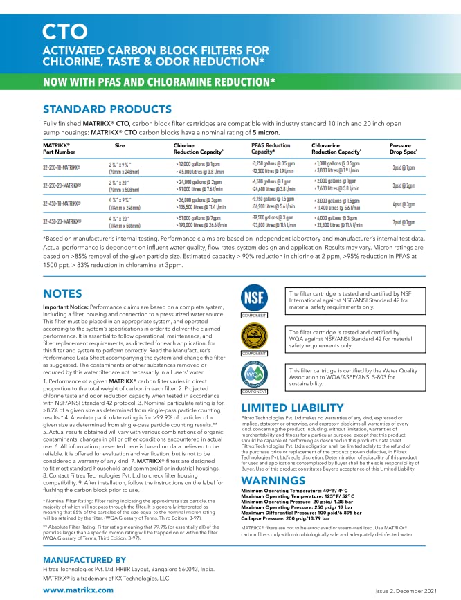 Matrikx 10" CTO Carbon Block Filter now with Chloramine Reduction, 2.5" x 10", 32-250-10-MATRIKX