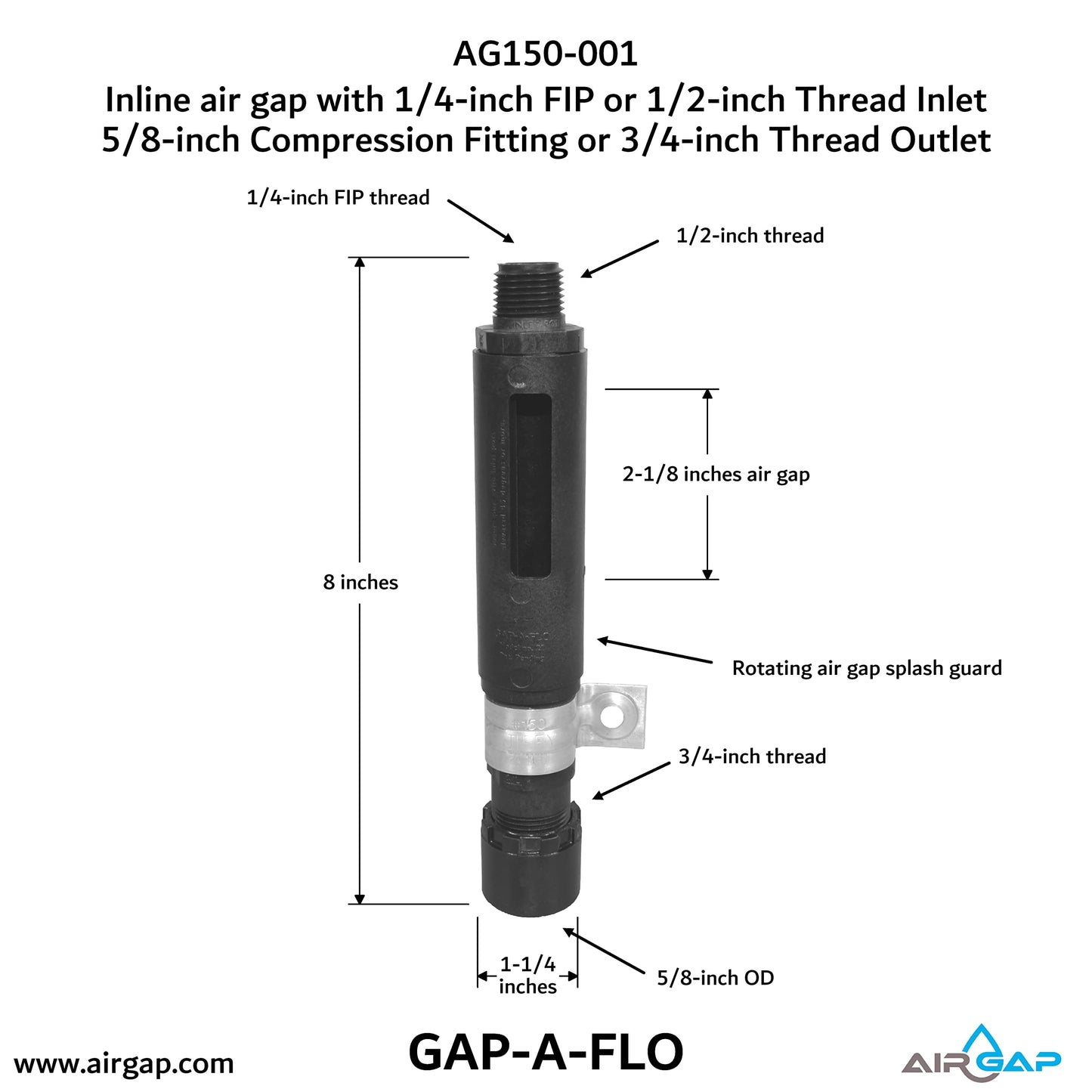 Inline Universal Air Gap, 45 Degrees Installtion, 7GPM Flow Rate, Splash Proof