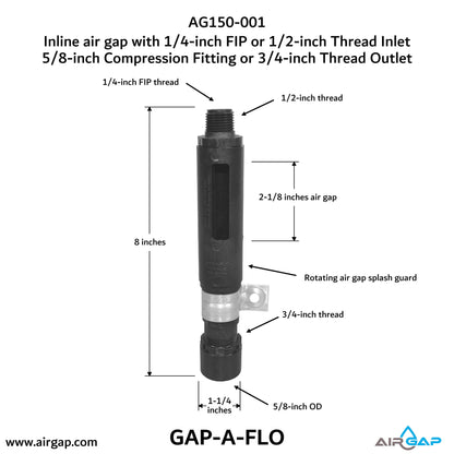 Inline Universal Air Gap, 45 Degrees Installtion, 7GPM Flow Rate, Splash Proof