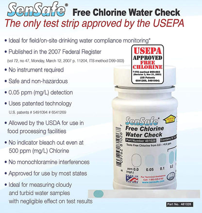 Industrial Test Systems SenSafe 481026 Free Chlorine Test Strip | USEPA Approved Method D99-003 | 0-6ppm | 0.05ppm Detection | No Bleach-Out | Bottle of 50 | Drinking Water, Food Service, Restaurant