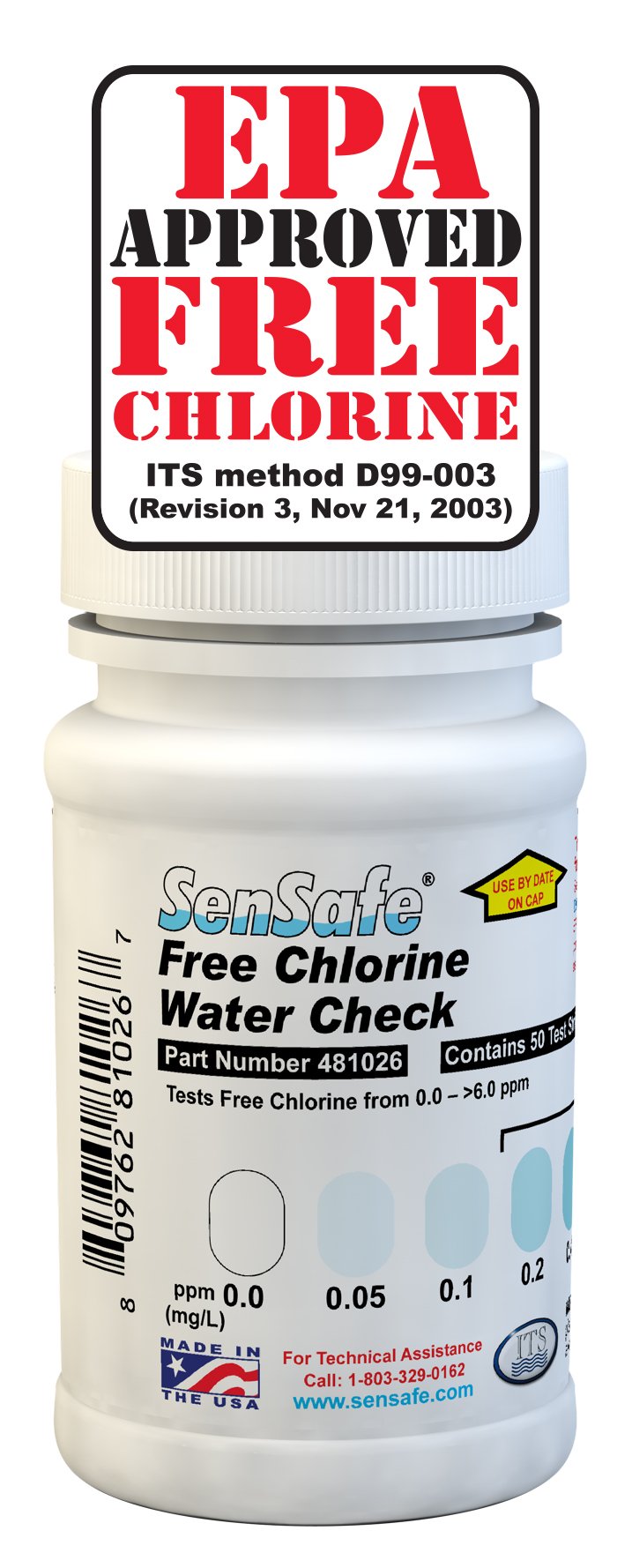 Industrial Test Systems SenSafe 481026 Free Chlorine Test Strip | USEPA Approved Method D99-003 | 0-6ppm | 0.05ppm Detection | No Bleach-Out | Bottle of 50 | Drinking Water, Food Service, Restaurant