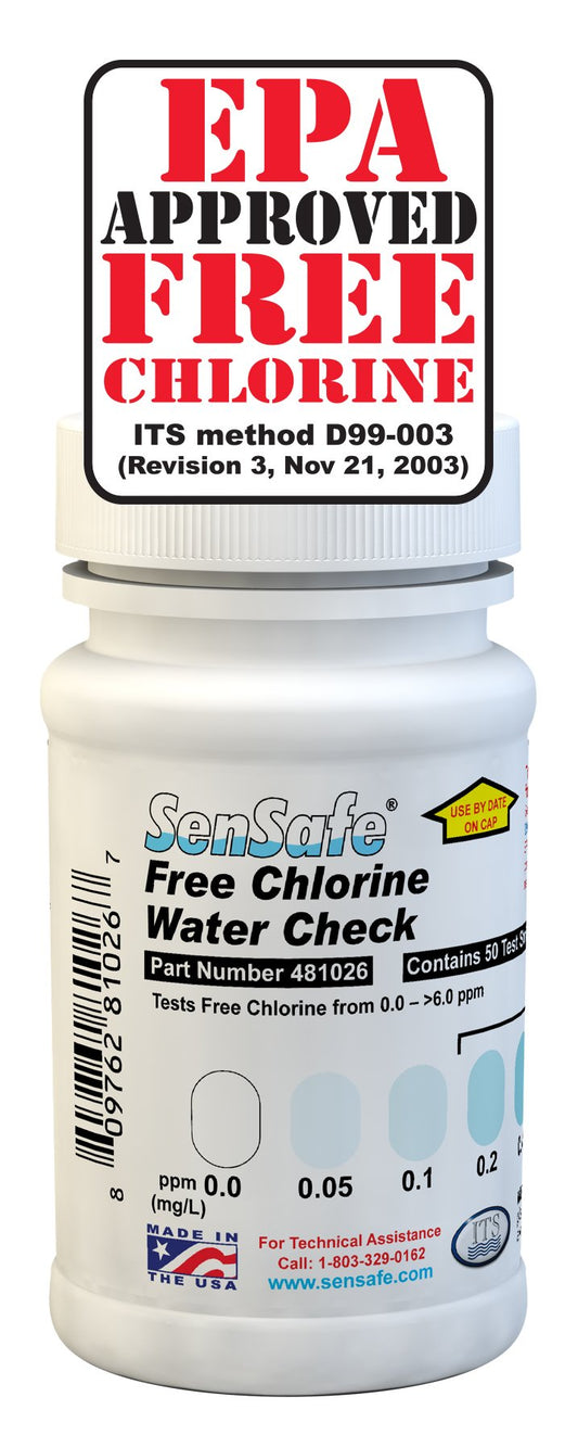 Industrial Test Systems SenSafe 481026 Free Chlorine Test Strip | USEPA Approved Method D99-003 | 0-6ppm | 0.05ppm Detection | No Bleach-Out | Bottle of 50 | Drinking Water, Food Service, Restaurant