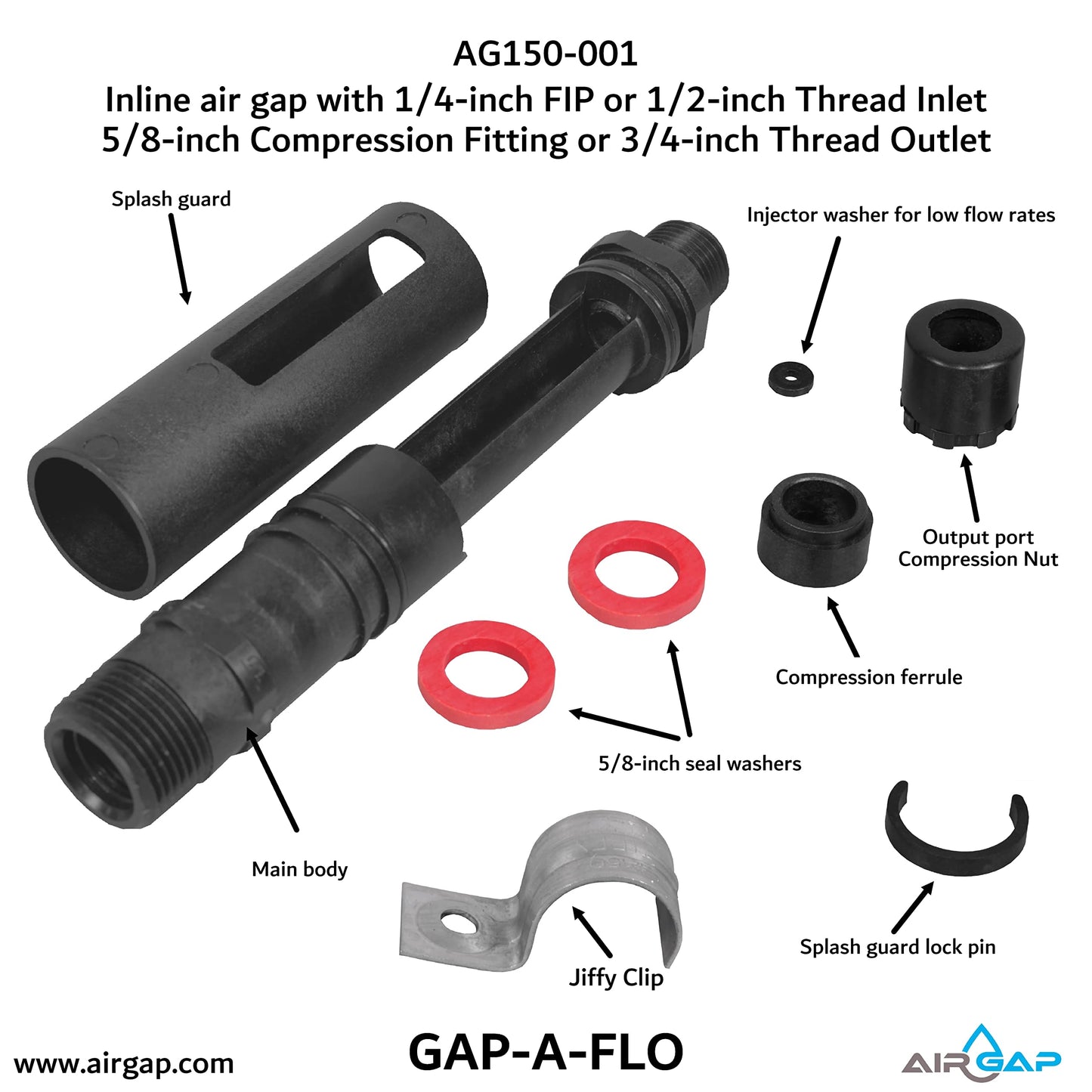 Inline Universal Air Gap, 45 Degrees Installtion, 7GPM Flow Rate, Splash Proof