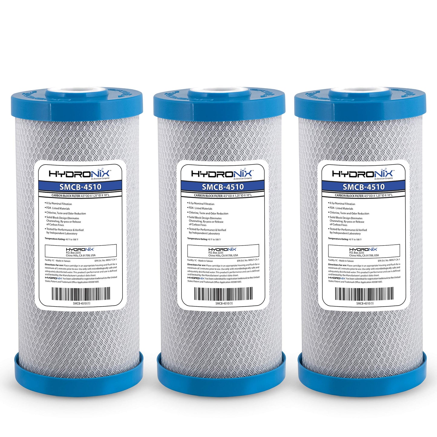 Hydronix HX-Smcb-4510/3 NSF Coconut Activated Carbon Block Water Filter, 4.5" x 10"-0.5 Micron-3 Pack, White