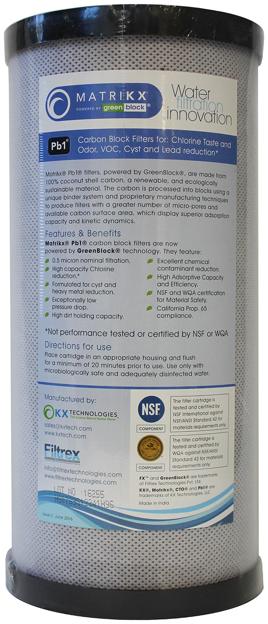 KX 06-450-10-GREEN | 10" Big Blue Pb1 Carbon Block Filters for Chlorine Taste and Odor, VOC, Cyst and Lead Reduction | KX MatriKX Powered by GREENBLOCK | Replaces 06-425-125-975